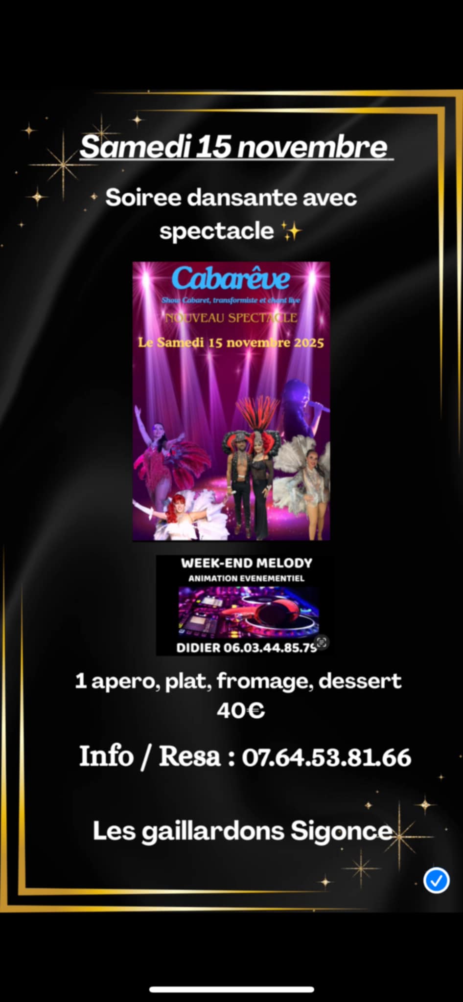 soirée repas cabaret le samedi 15 novembre